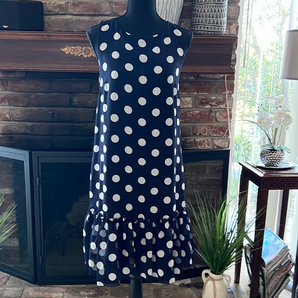 Navy dress with white Polk-a-dots. Super cute